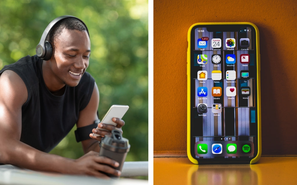 split screen of a youthful guy outside in workout clothes leaning against a ledge on his phone beside an image of an iPhone home screen featuring the apps