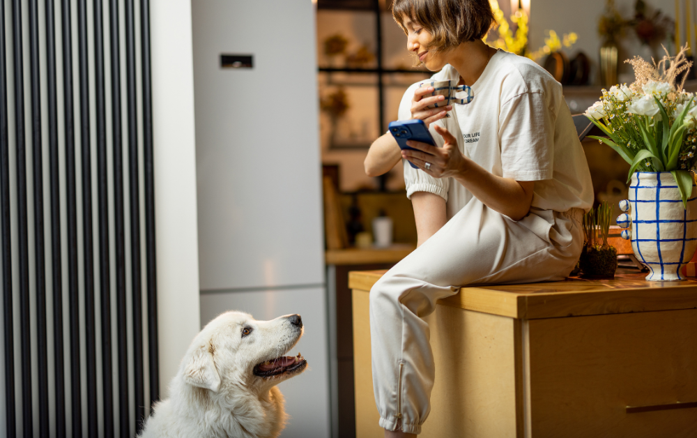 Woman With A Golden Retriever and Smartphone - Frank Mobile