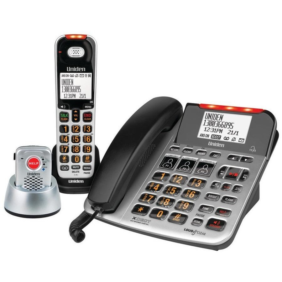 Uniden SSE47 + 1P - Sight & Sound Enhanced Corded and Cordless Digital Phone System with Splashproof Alert Pendant