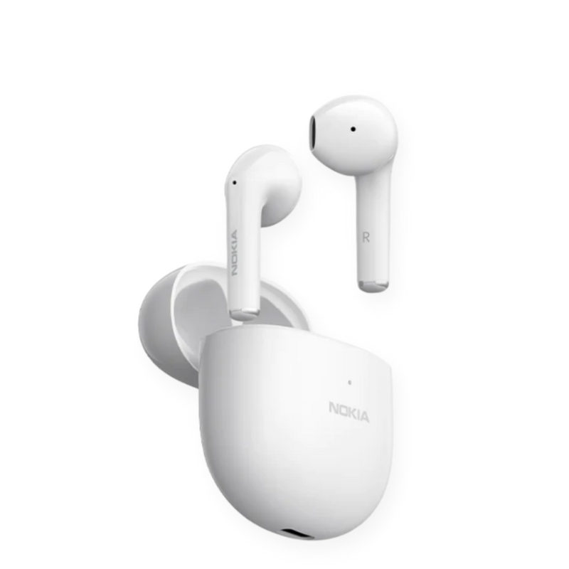 white Nokia wireless earphones charging case with earbuds