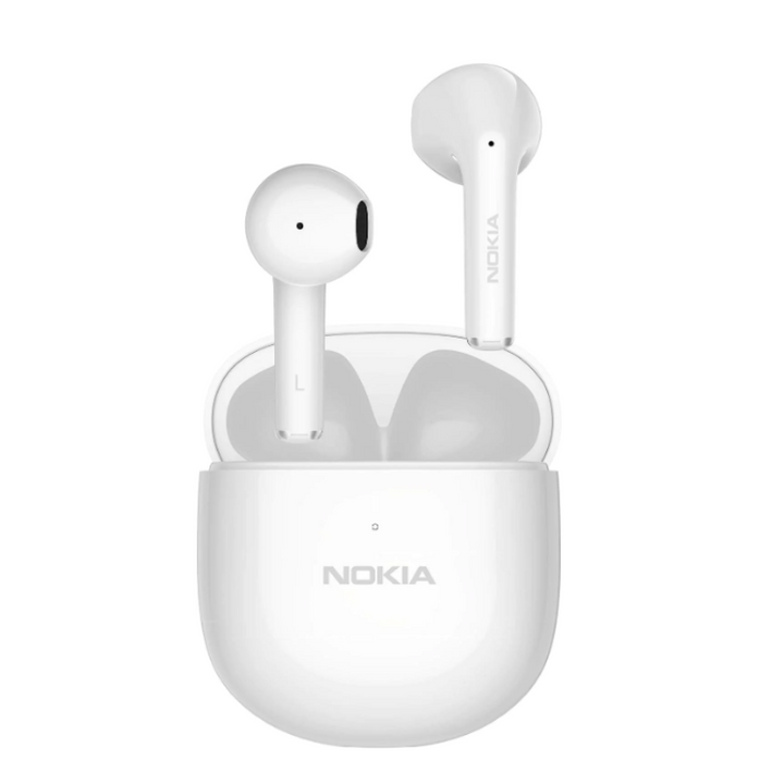 white Nokia wireless earphones charging case with earbuds